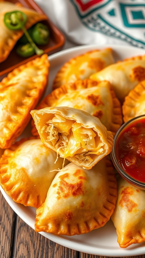 A plate of golden cheese empanadas with melted cheese filling and a bowl of dipping sauce on a rustic table.